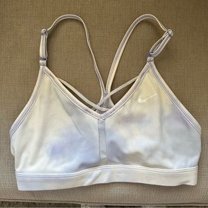 Women’s purple and white tie die sports bra